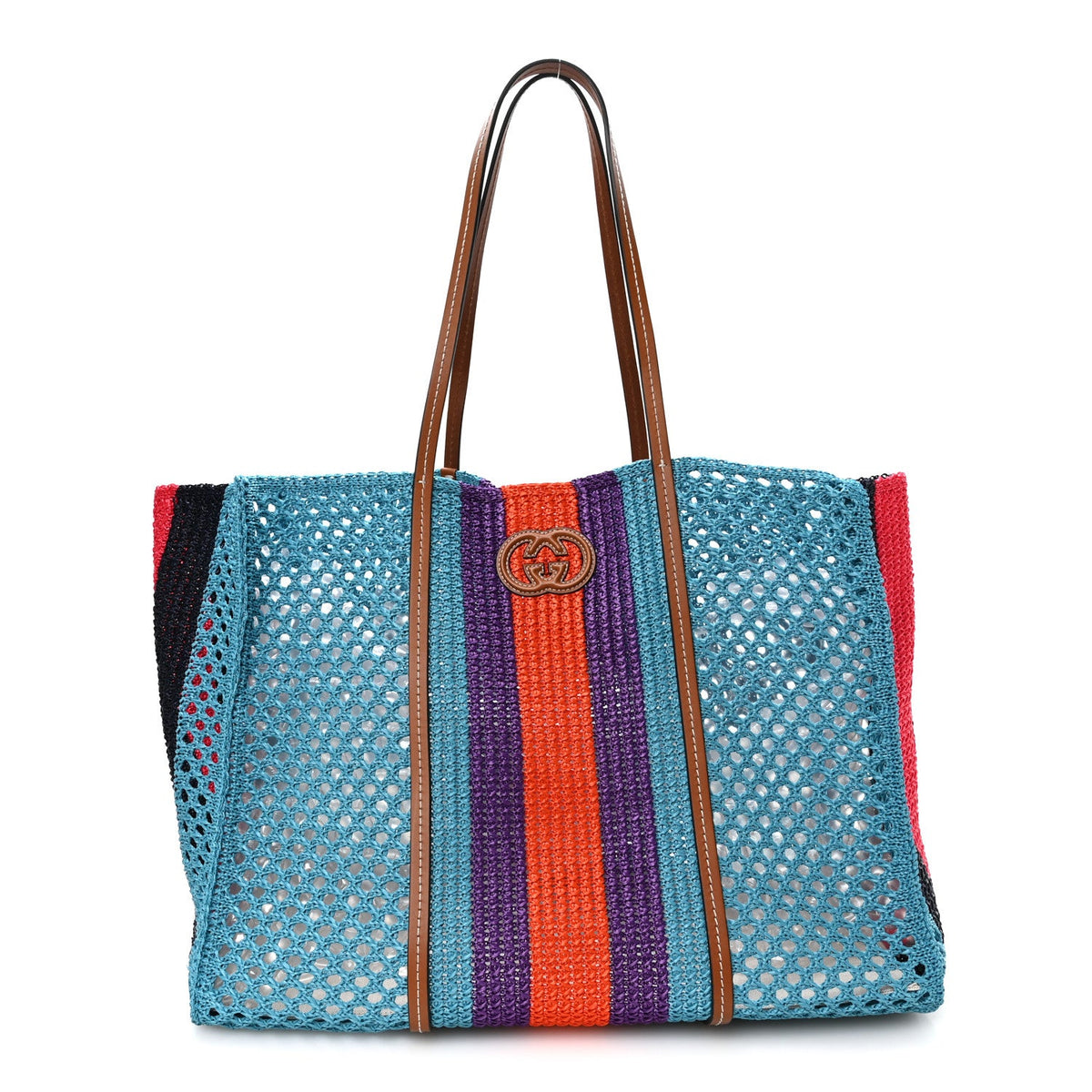 Raffia Web Woven Interlocking G Tote Blue Multicolor