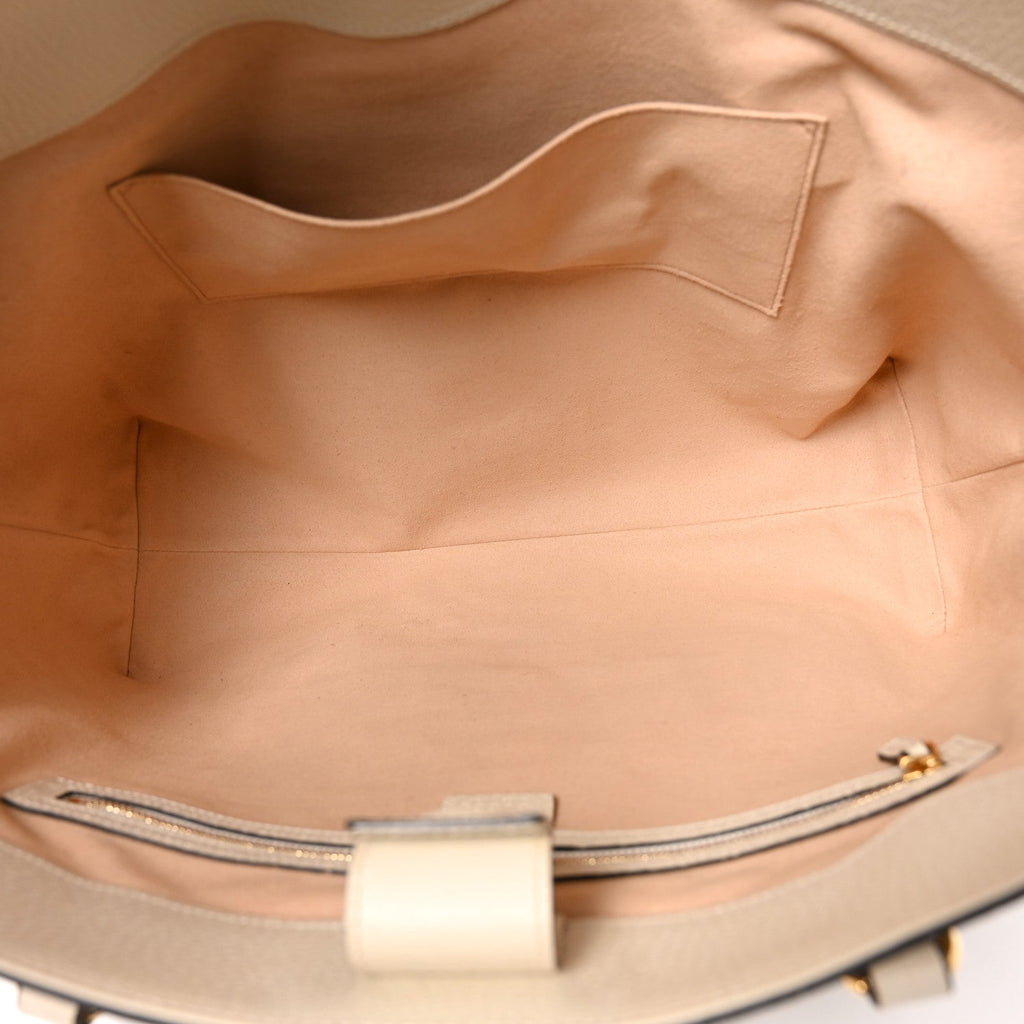 GG Supreme Monogram Textured Dollar Calfskin Web Medium Ophidia Shopping Tote Beige Ebony Mystic White