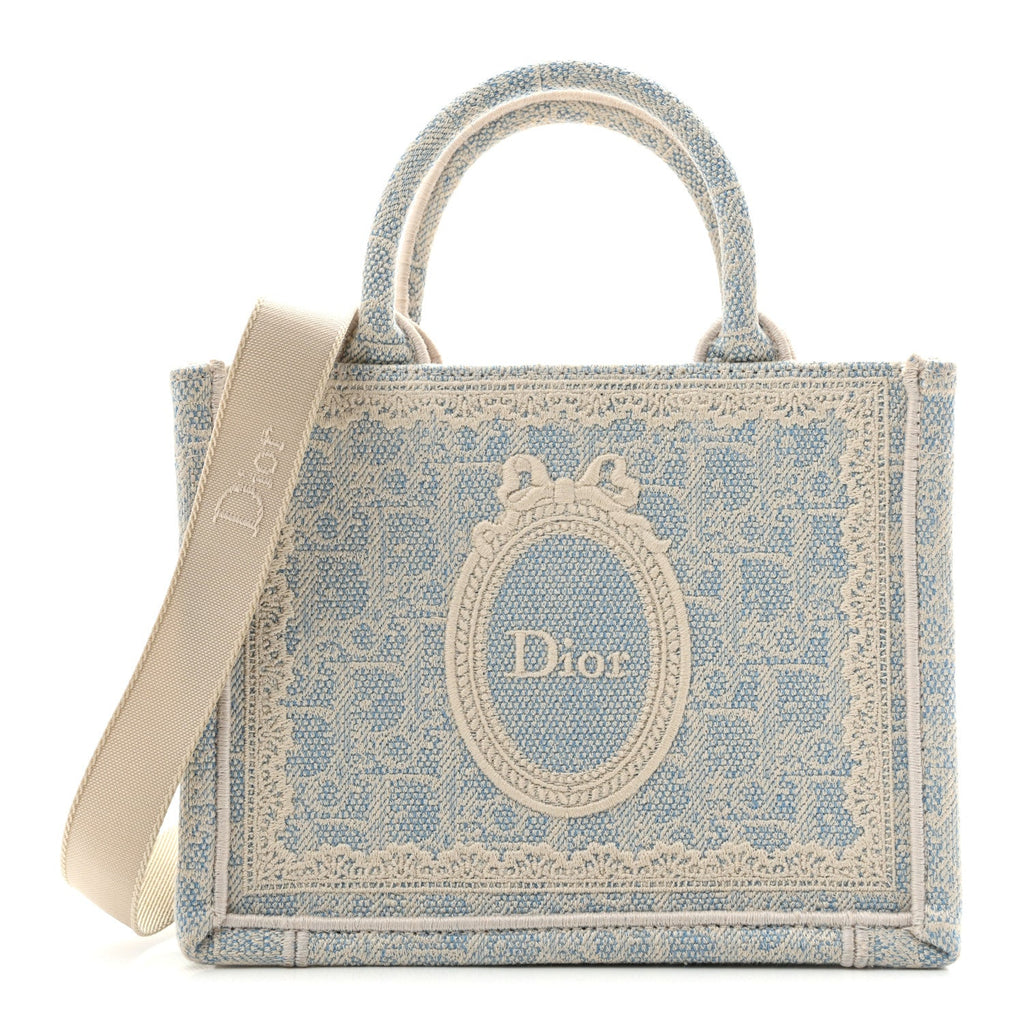Washed Embroidery Oblique Lace Dior Medallion Mini Book Tote With Strap Celeste Blue Ecru