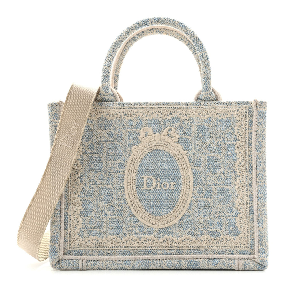 Washed Embroidery Oblique Lace Dior Medallion Mini Book Tote With Strap Celeste Blue Ecru