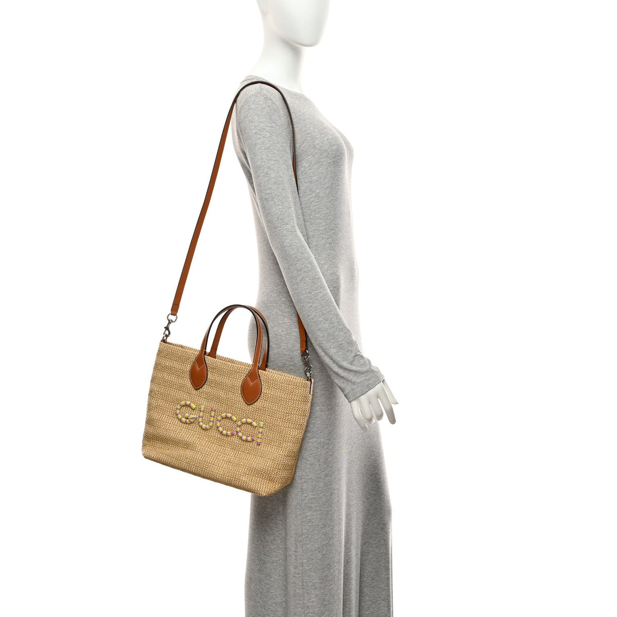 Raffia Woven Logo Patch Medium Tote Bag Natural Brown Multicolor