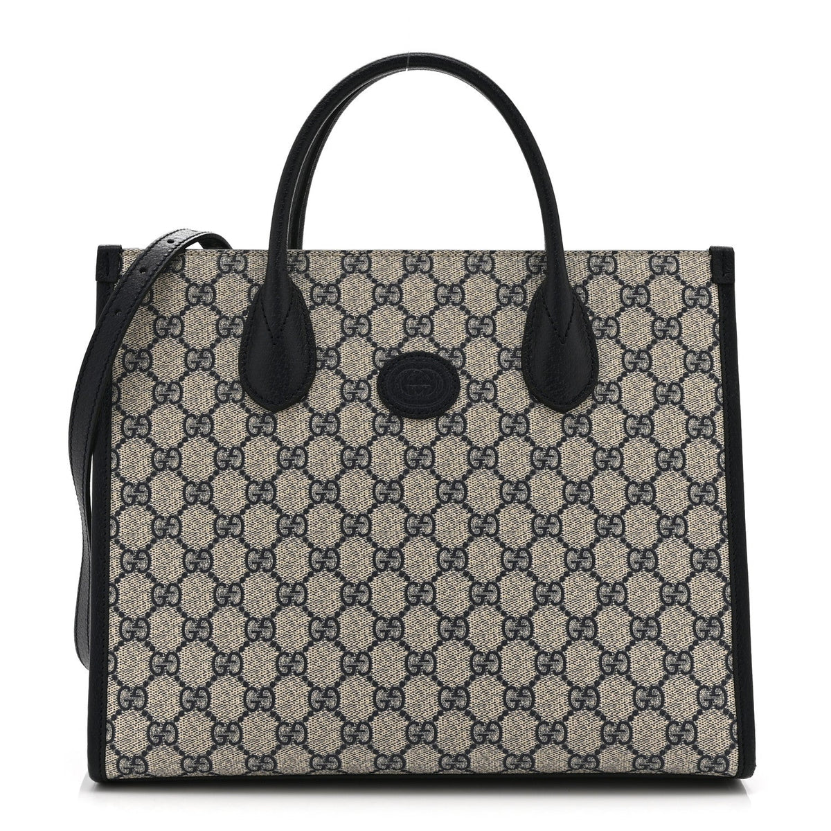 GG Supreme Monogram Textured Dollar Calfskin Small Retro Interlocking G Tote Bag Beige Blue