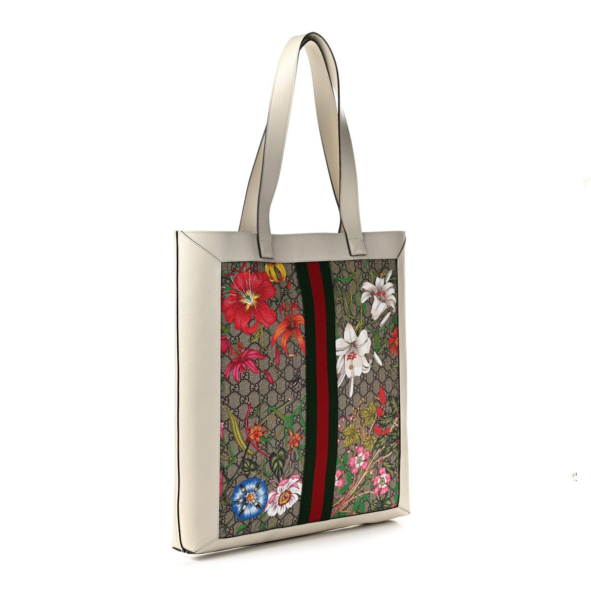 GG Supreme Monogram Flora Web Ophidia Vertical Shopping Tote White