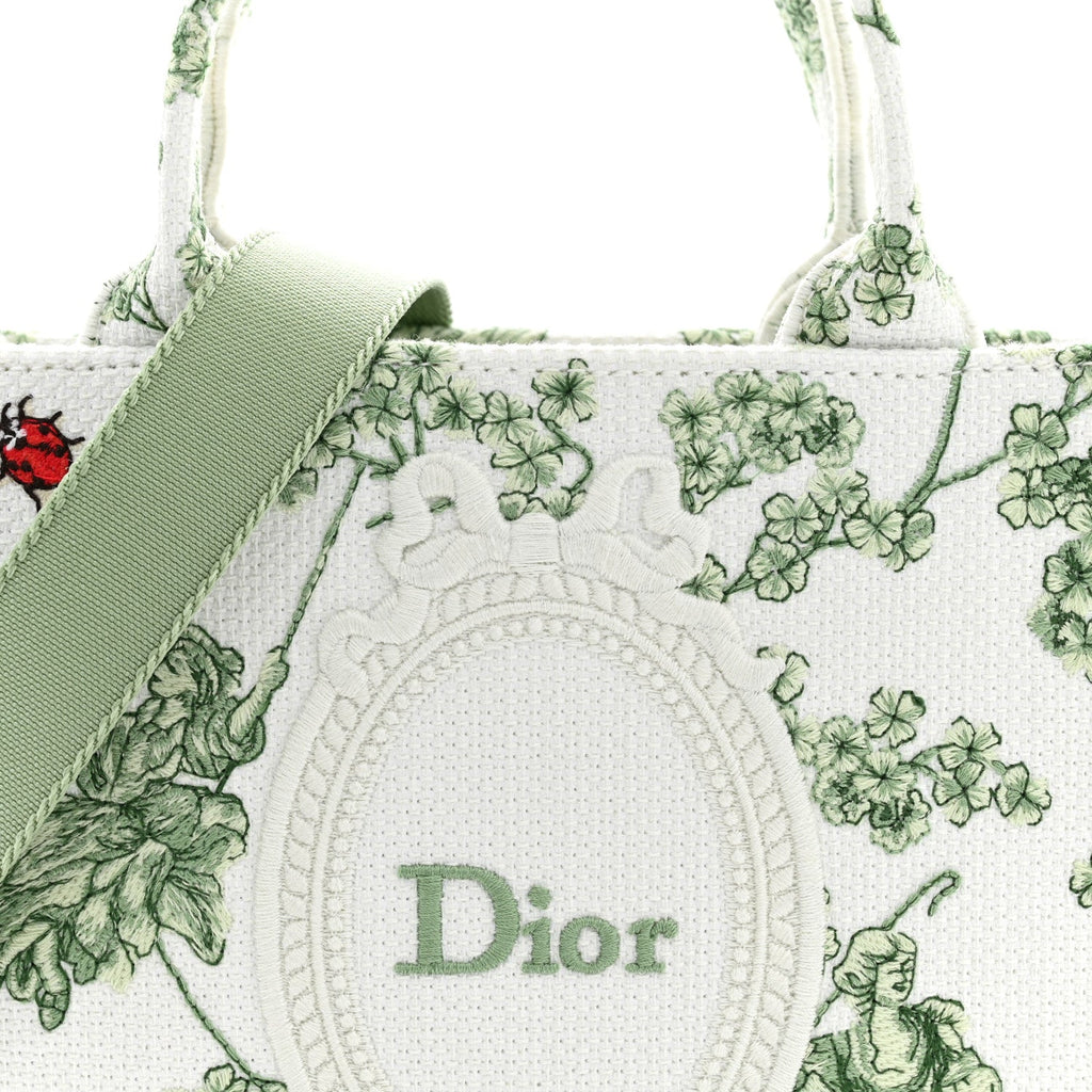 Cotton Toile De Jouy Clover Embroidered Dior Medaillon Mini Book Tote With Strap Verde Multicolor