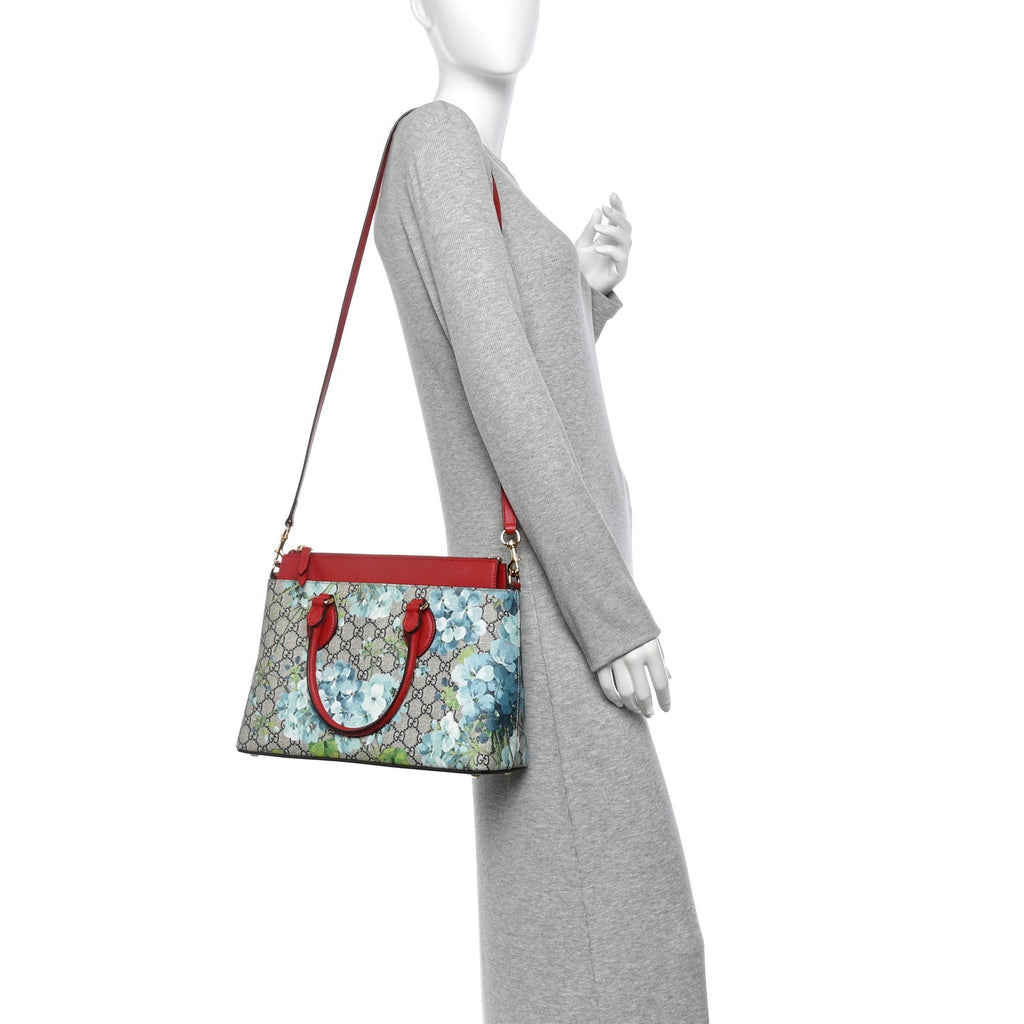 GG Supreme Monogram Blooms Small Zip Top Tote Beige Blue Navy Hibiscus Red