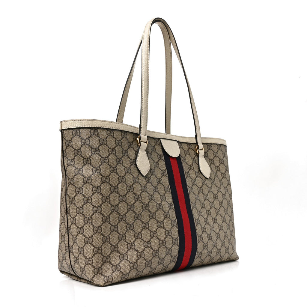 GG Supreme Monogram Textured Dollar Calfskin Web Medium Ophidia Shopping Tote Beige Ebony Mystic White