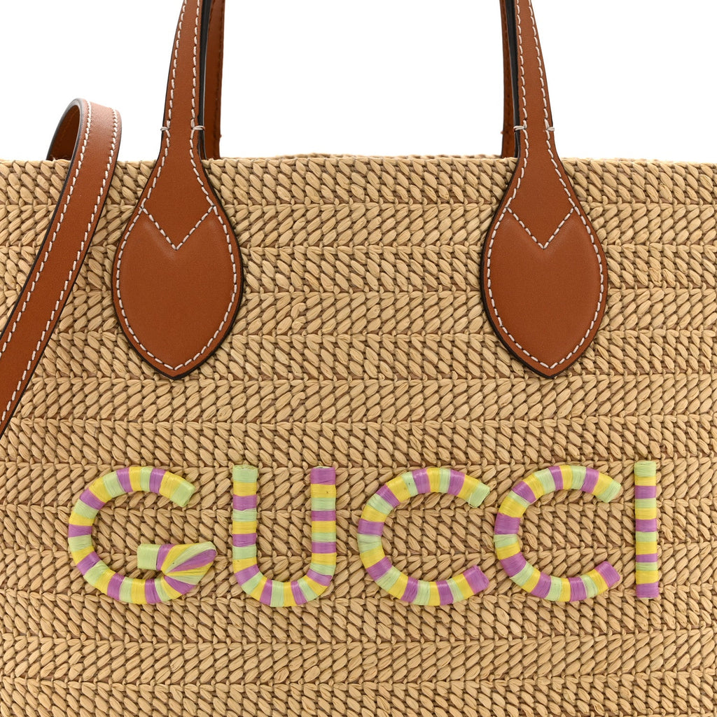 Raffia Woven Logo Patch Medium Tote Bag Natural Brown Multicolor