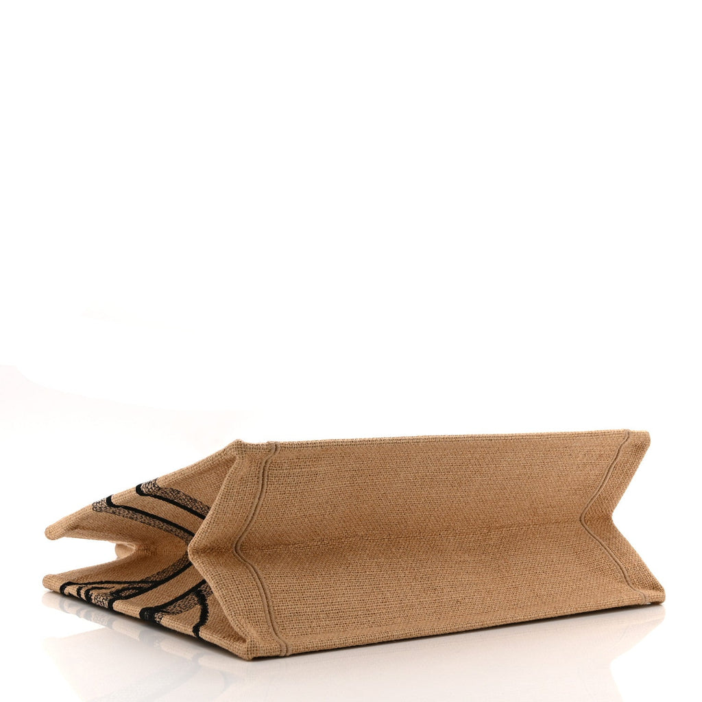 Canvas Jute Embroidered Medium Book Tote Black Beige