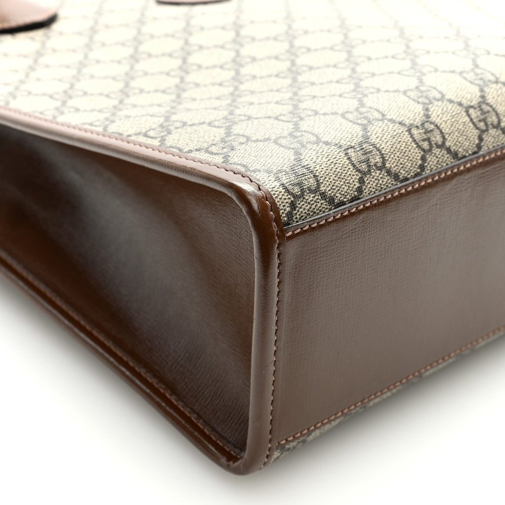GG Supreme Monogram Textured Dollar Calfskin Web Small Retro Interlocking G Vertical Tote Bag Beige Ebony Brown Sugar