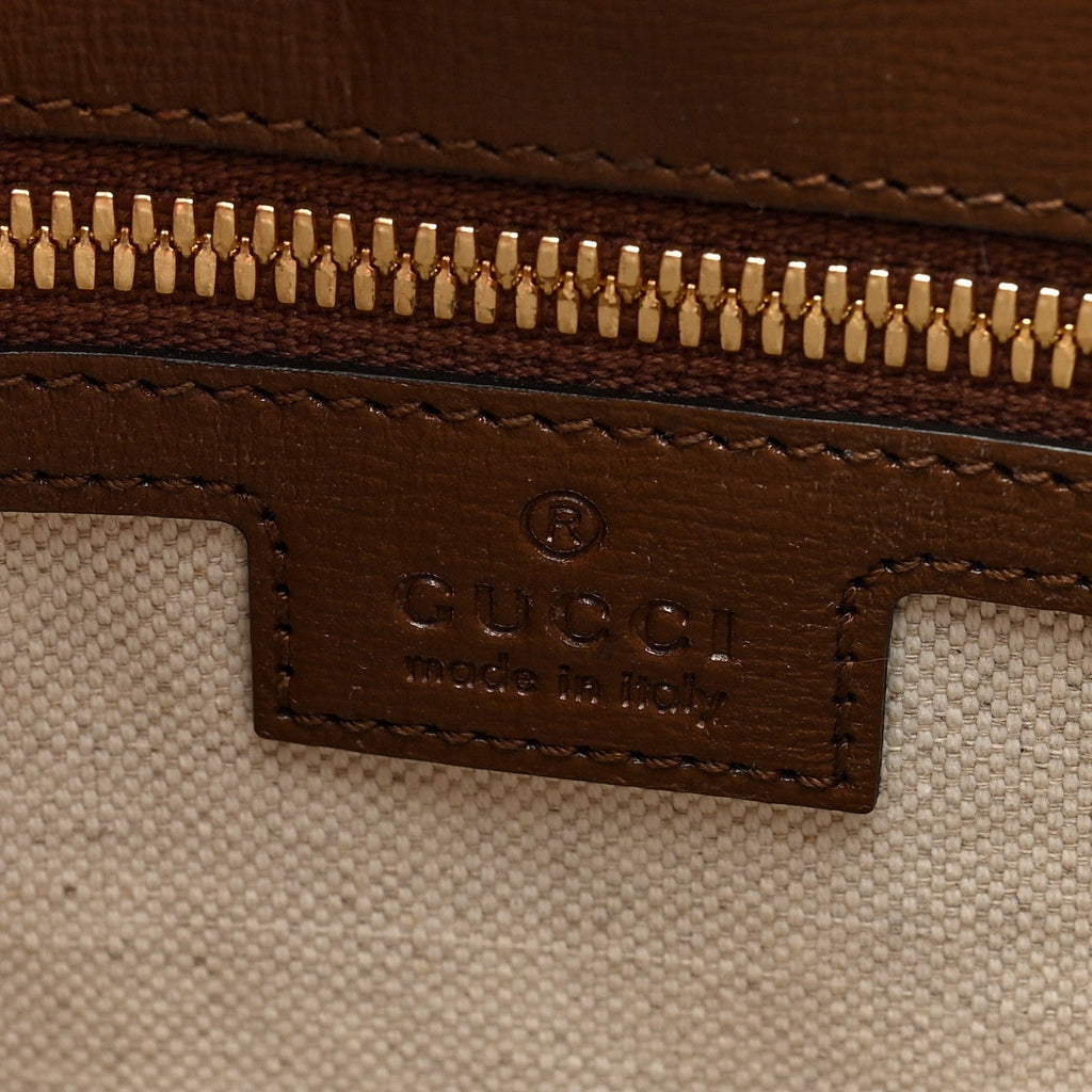 GG Supreme Monogram Textured Dollar Calfskin Web Small Retro Interlocking G Vertical Tote Bag Beige Ebony Brown Sugar