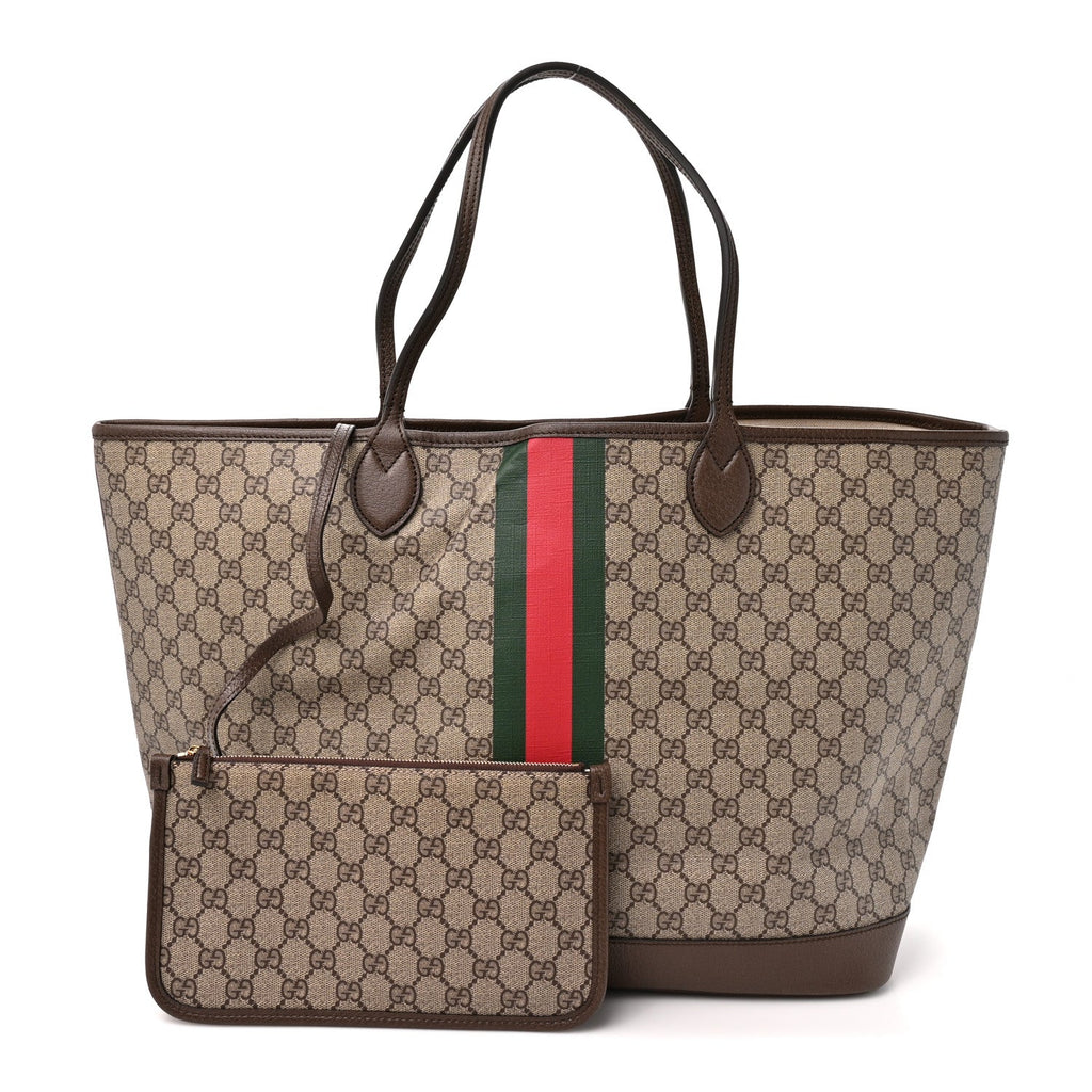 GG Supreme Monogram Textured Dollar Calfskin Web Large Ophidia Tote Beige Ebony New Acero