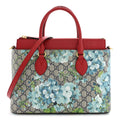 GG Supreme Monogram Blooms Small Zip Top Tote Beige Blue Navy Hibiscus Red