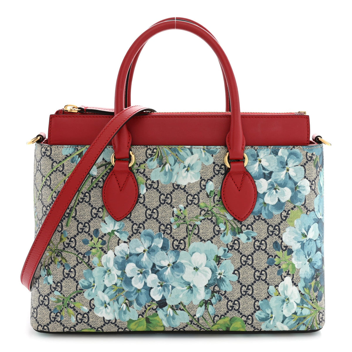 GG Supreme Monogram Blooms Small Zip Top Tote Beige Blue Navy Hibiscus Red