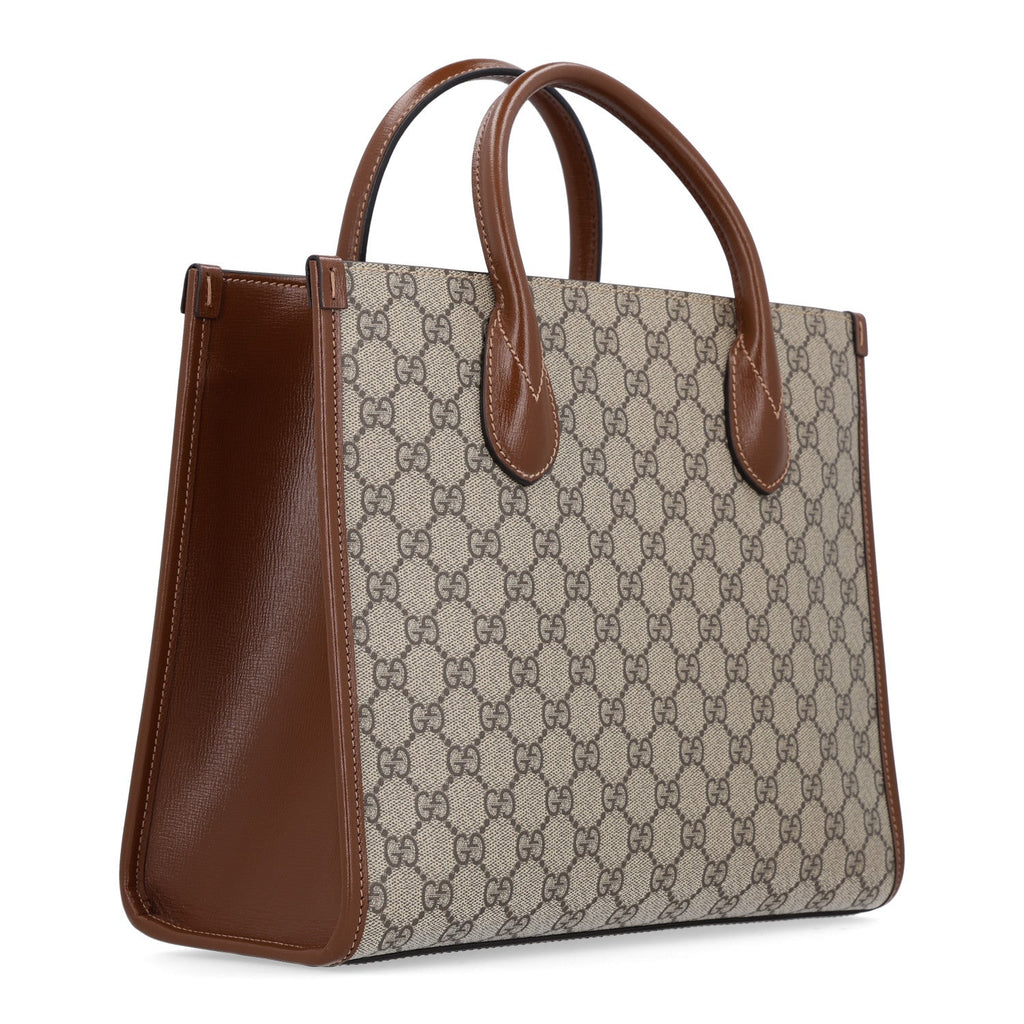 GG Supreme Monogram Azalea Calfskin Small Retro Interlocking G Tote Bag Beige Ebony Brown Sugar
