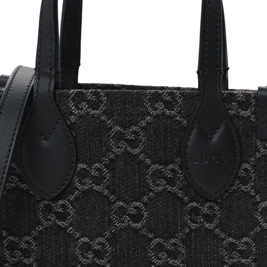 Denim Cuoio Harness GG Monogram Mini Ophidia Tote Bag Black Medium Grey