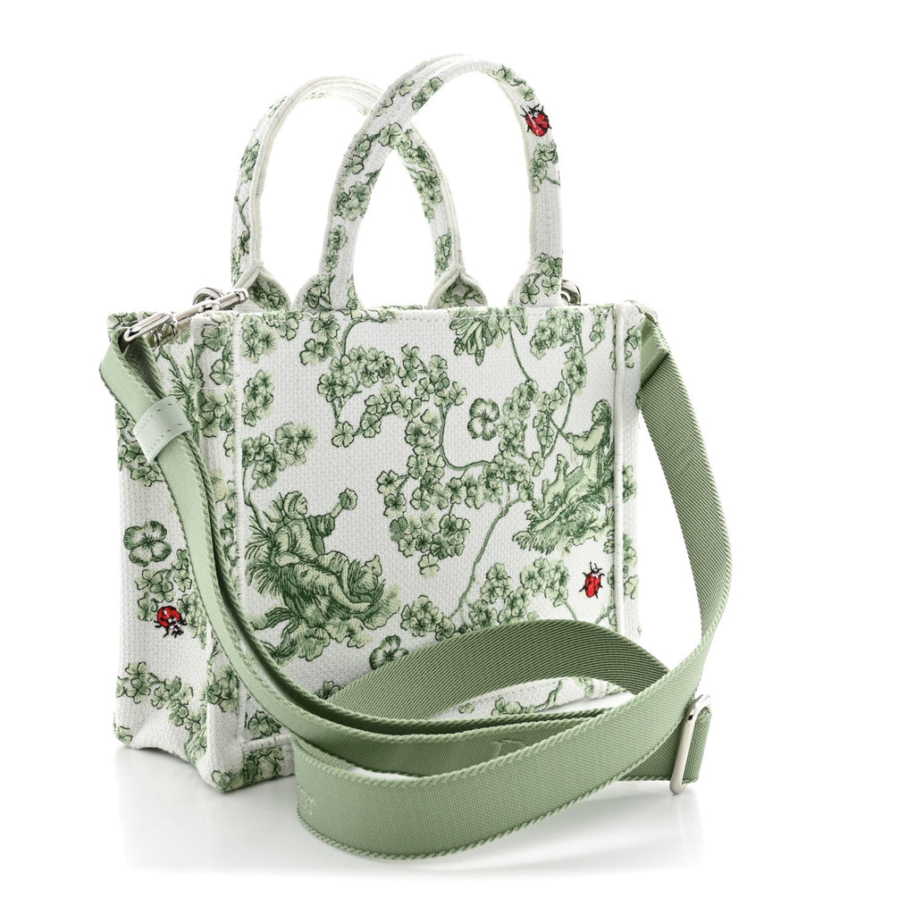 Cotton Toile De Jouy Clover Embroidered Dior Medaillon Mini Book Tote With Strap Verde Multicolor