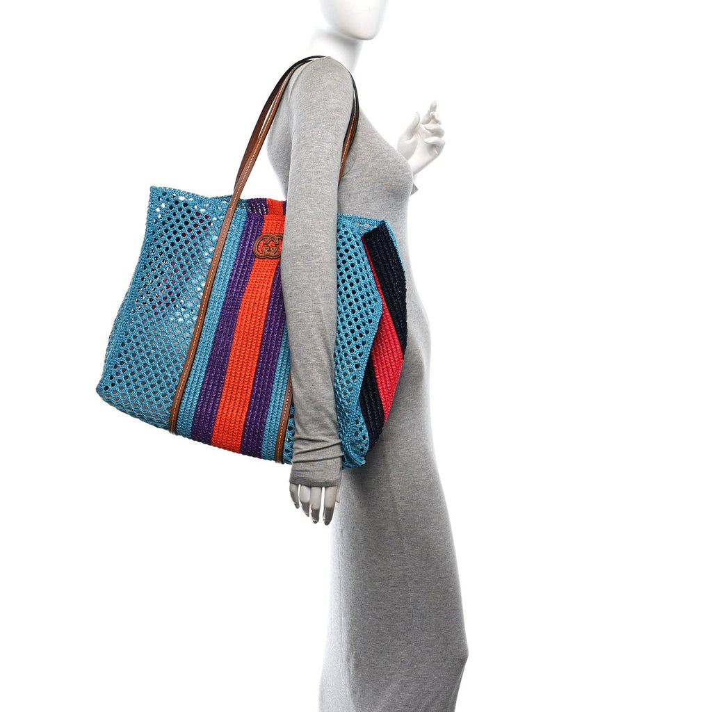 Raffia Web Woven Interlocking G Tote Blue Multicolor