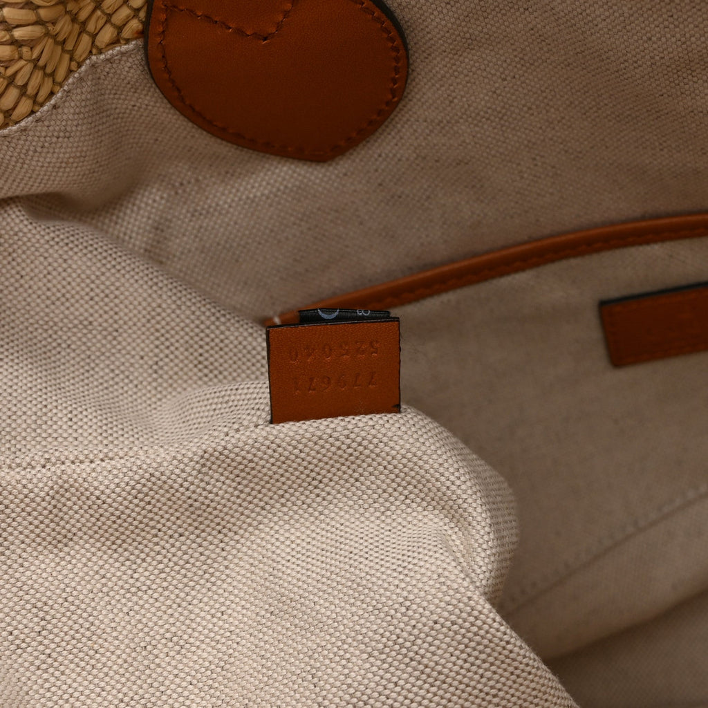 Raffia Woven Logo Patch Medium Tote Bag Natural Brown Multicolor