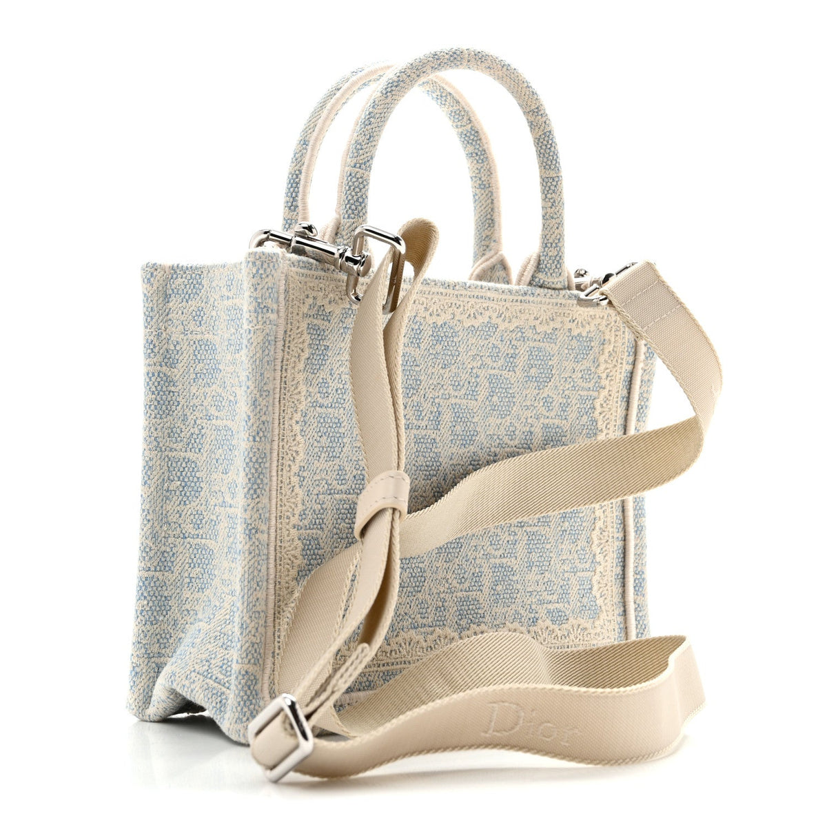 Washed Embroidery Oblique Lace Dior Medallion Mini Book Tote With Strap Celeste Blue Ecru