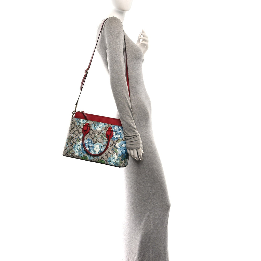 GG Supreme Monogram Blooms Medium Zip Top Tote Beige Blue Navy Hibiscus Red