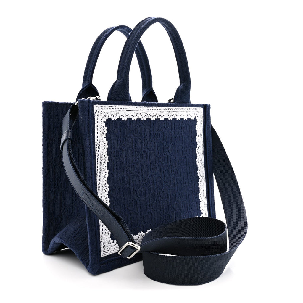 Cotton Toile De Jouy Oblique Embroidered Dior Medaillon Small Book Tote With Strap Blue White