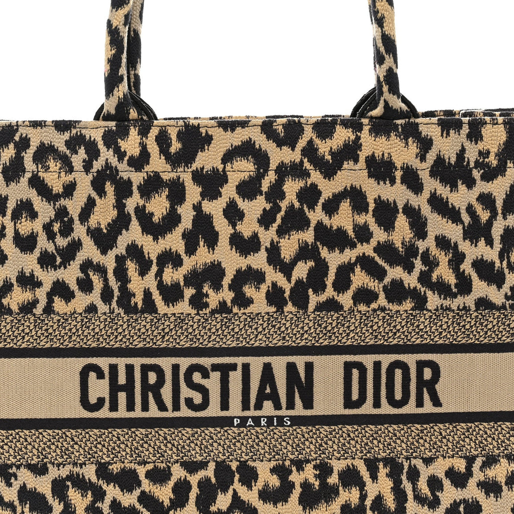 Canvas Mizza Embroidered Large Leopard Book Tote Beige