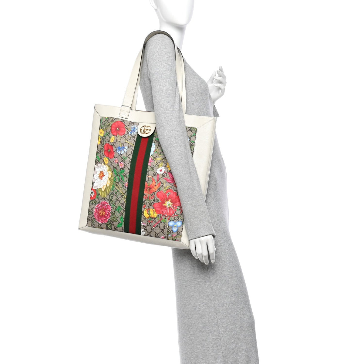 GG Supreme Monogram Flora Web Ophidia Vertical Shopping Tote White