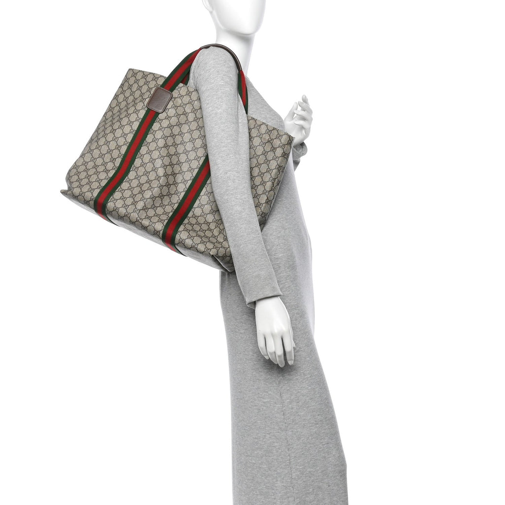 Tender GG Supreme Monogram Textured Dollar Calfskin Web Tote Beige Ebony New Acero