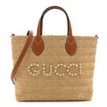 Raffia Woven Logo Patch Medium Tote Bag Natural Brown Multicolor