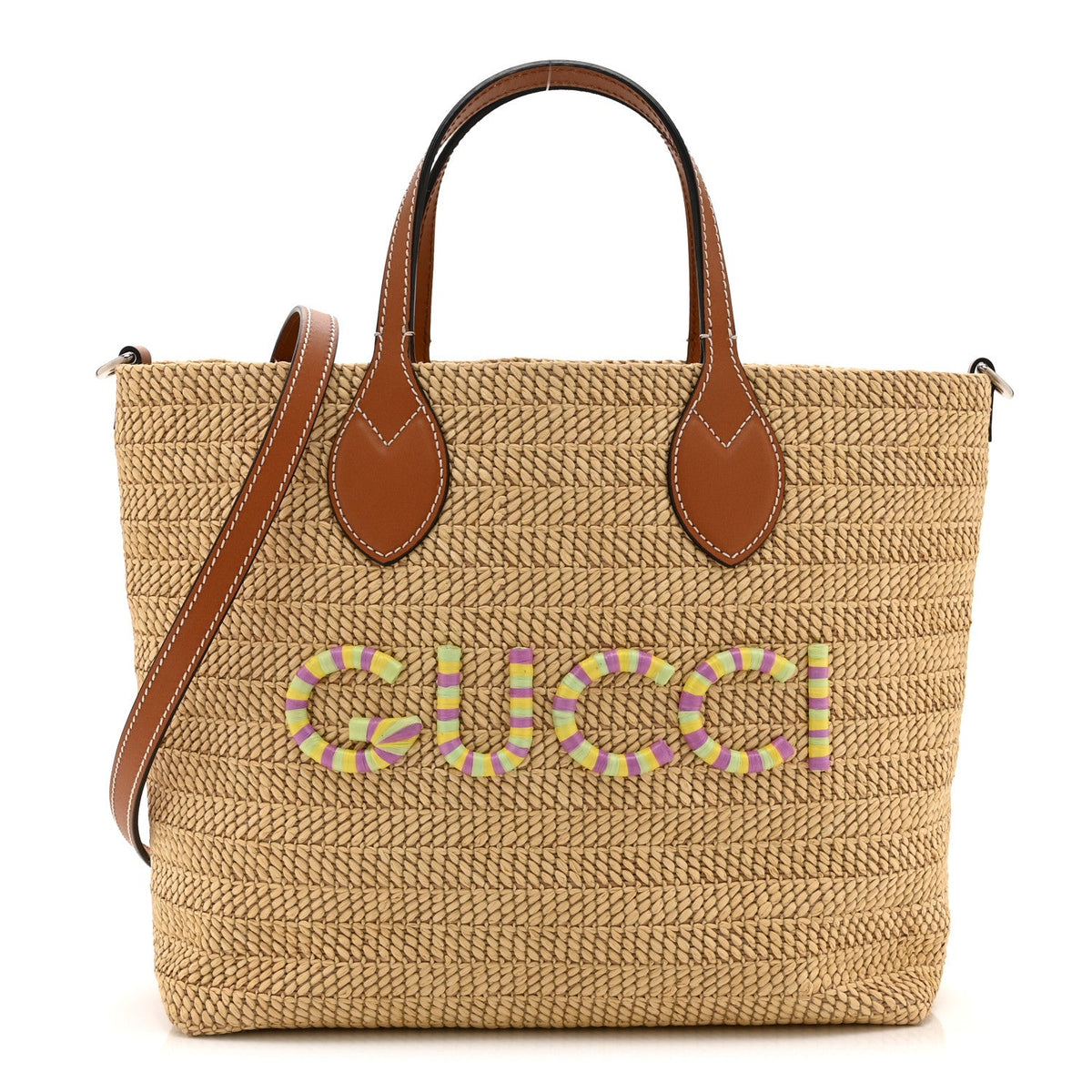Raffia Woven Logo Patch Medium Tote Bag Natural Brown Multicolor
