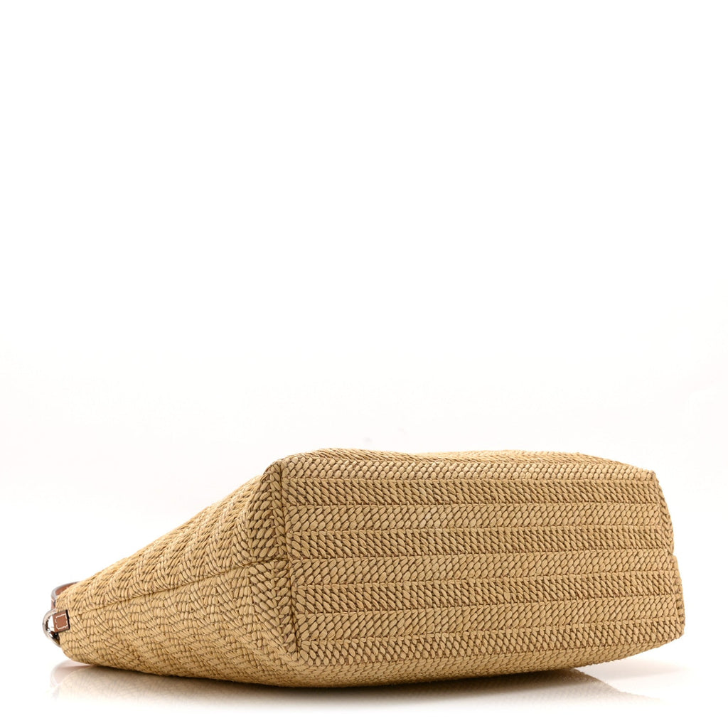 Raffia Woven Logo Patch Medium Tote Bag Natural Brown Multicolor
