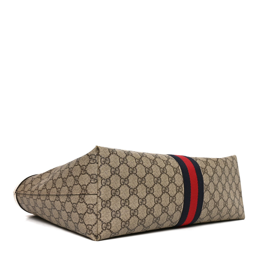 GG Supreme Monogram Textured Dollar Calfskin Web Medium Ophidia Shopping Tote Beige Ebony Mystic White