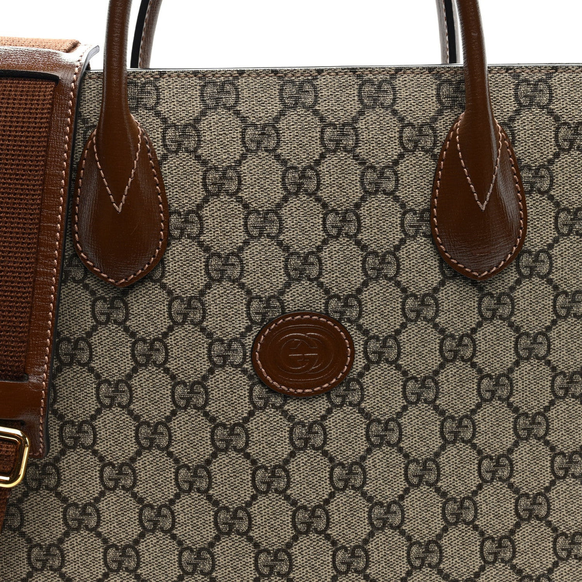 GG Supreme Monogram Textured Dollar Calfskin Web Small Retro Interlocking G Vertical Tote Bag Beige Ebony Brown Sugar