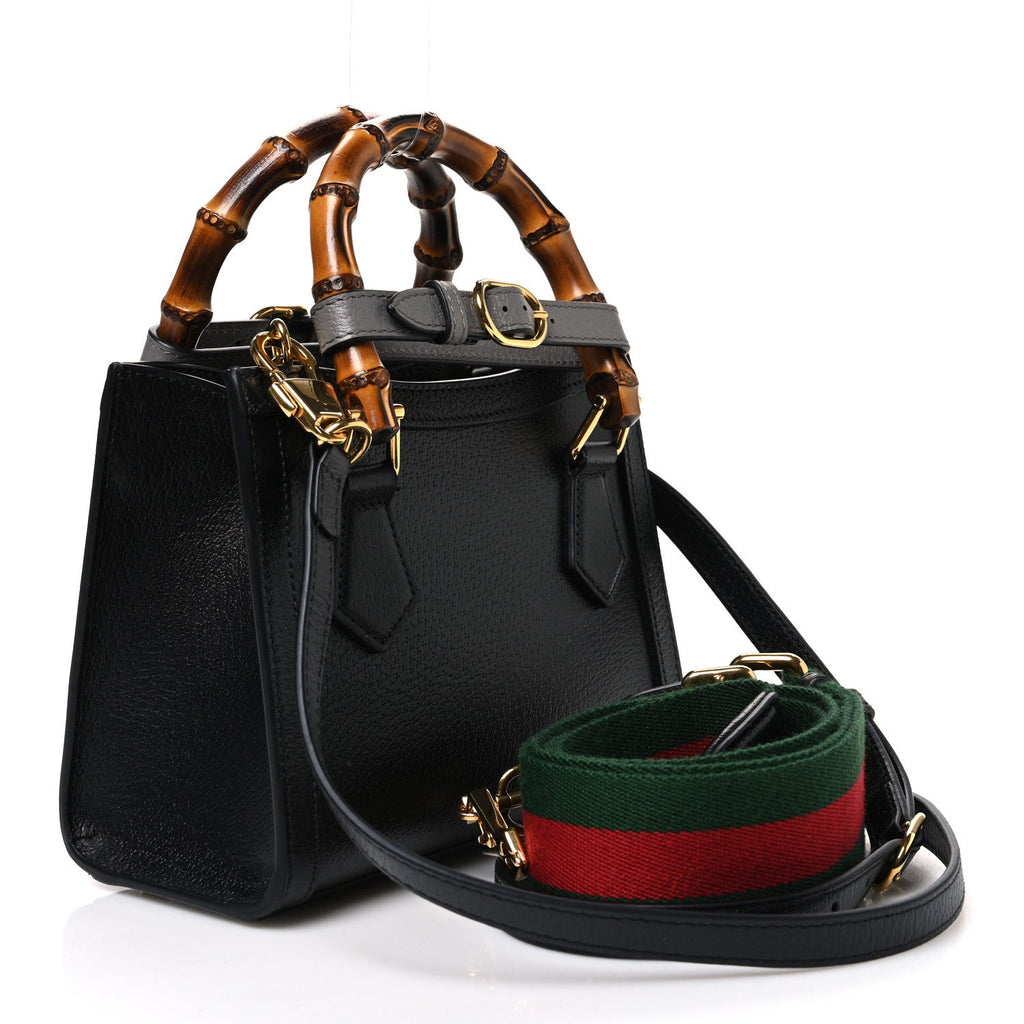 Textured Dollar Calfskin Web Mini Diana Tote Bag Black Dusty Grey