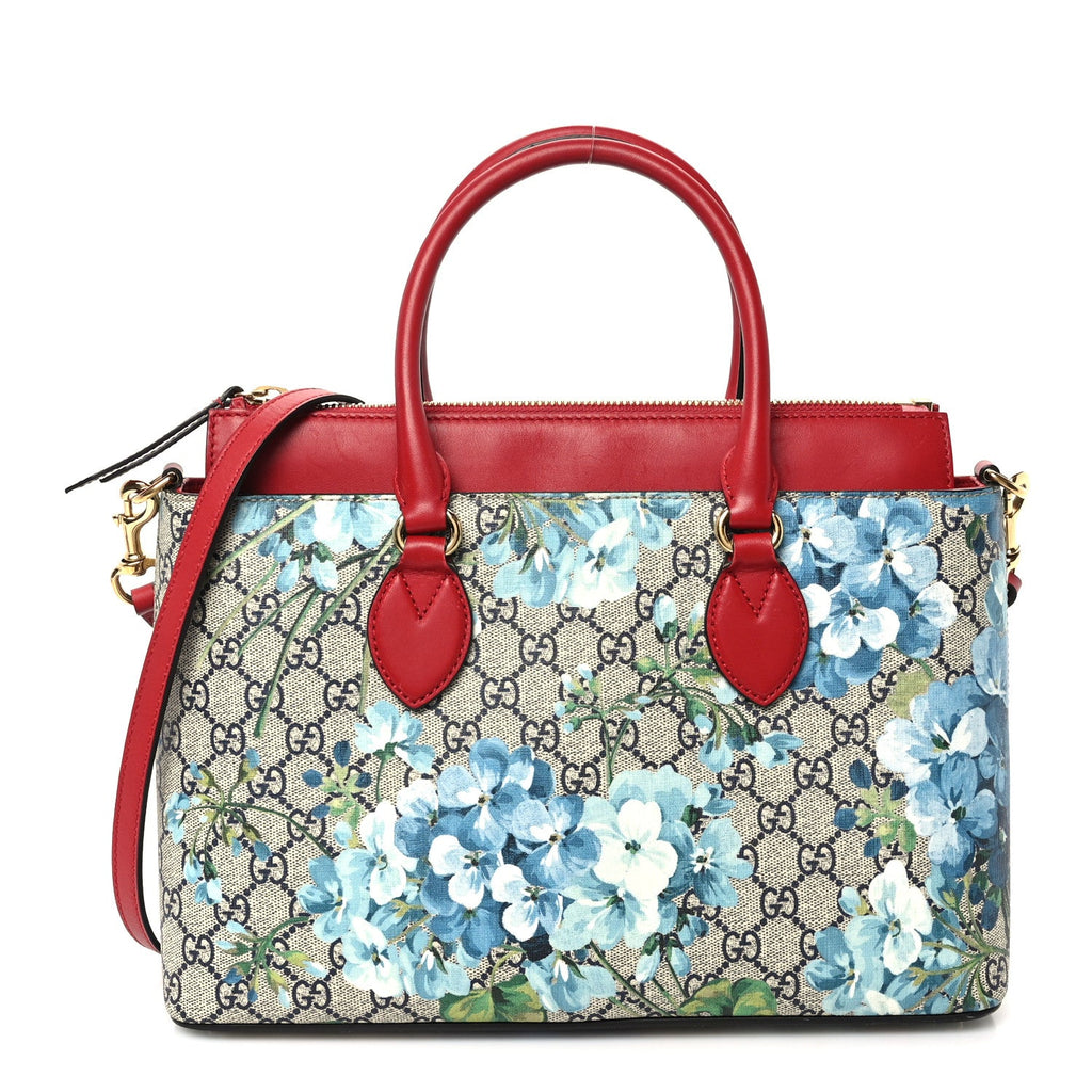 GG Supreme Monogram Blooms Medium Zip Top Tote Beige Blue Navy Hibiscus Red
