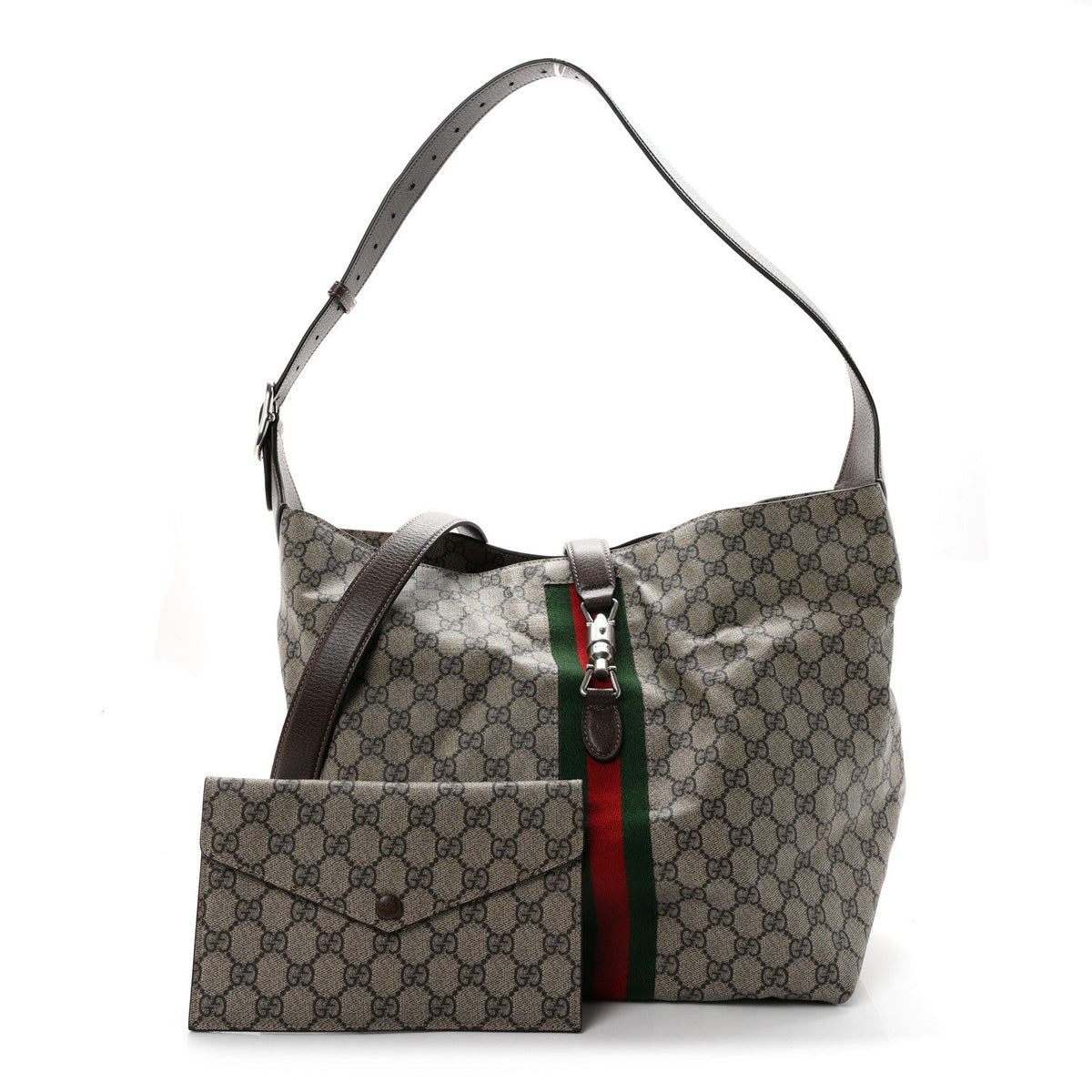 Tender GG Supreme Monogram Textured Dollar Calfskin Web Medium Jackie 1961 Crossbody Bag Beige Ebony New Acero
