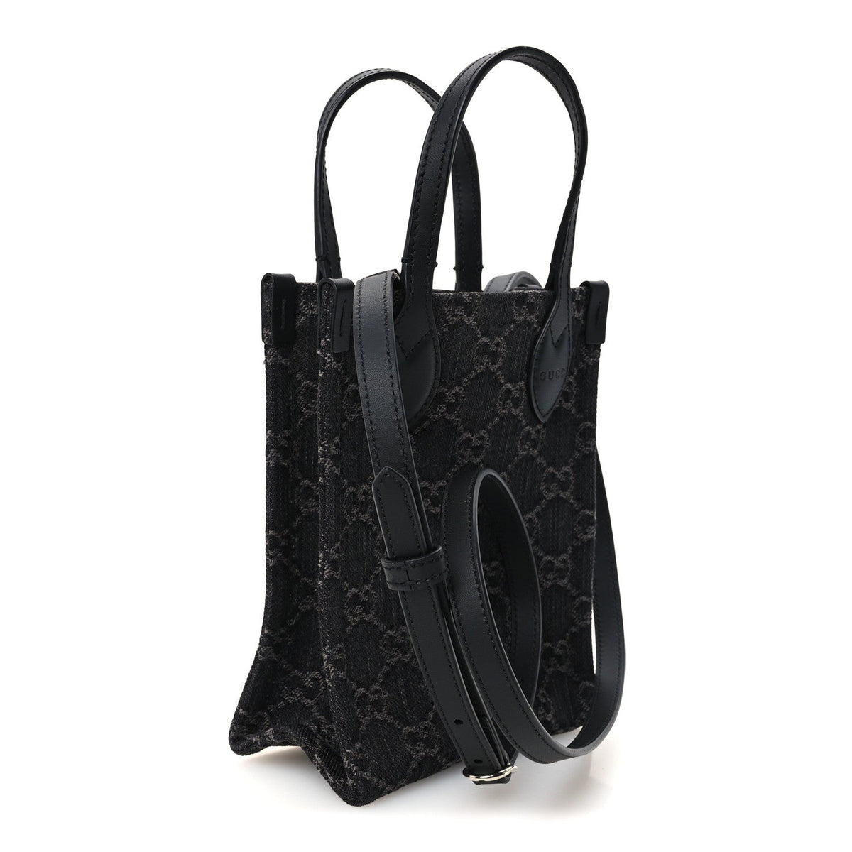 Denim Cuoio Harness GG Monogram Mini Ophidia Tote Bag Black Medium Grey