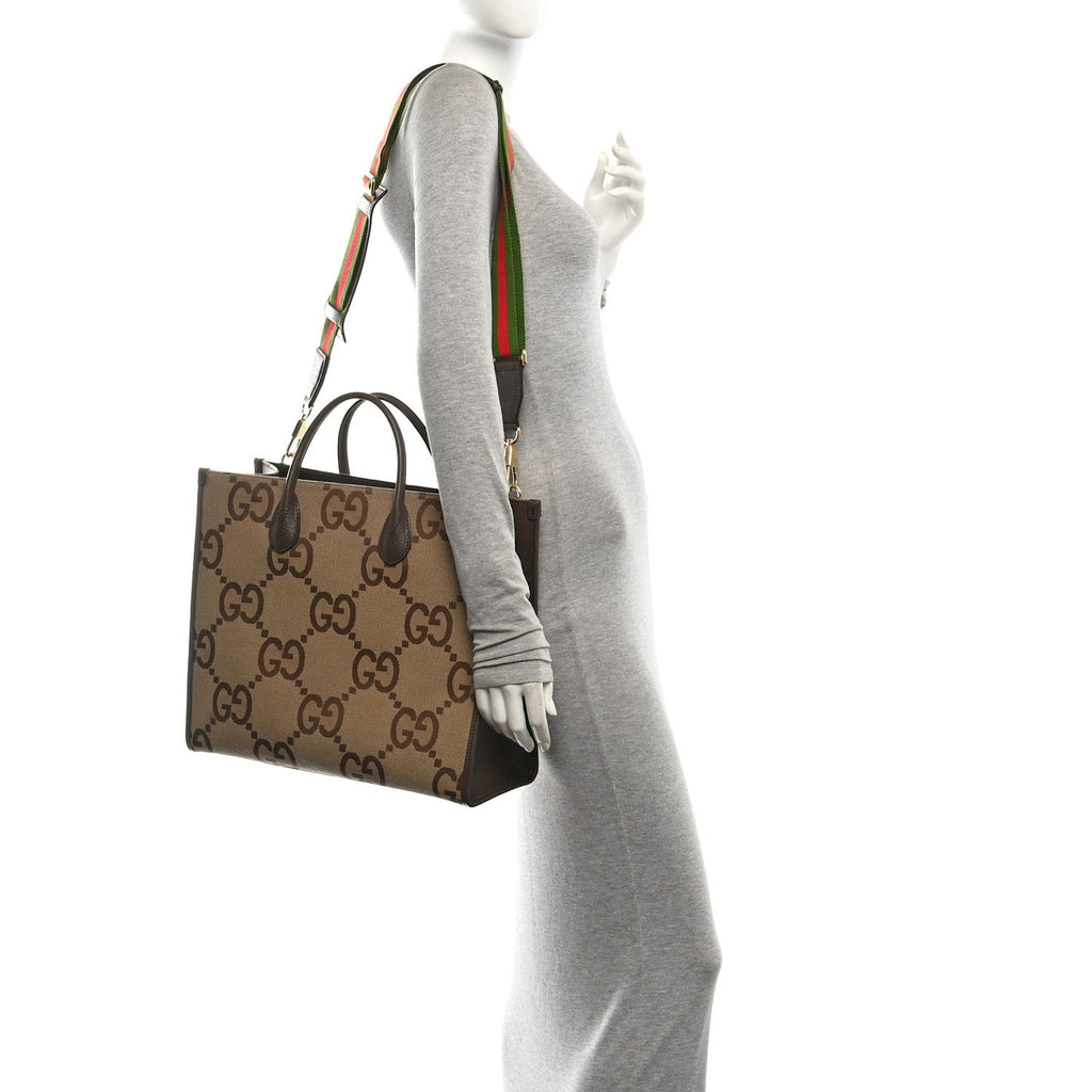 Monogram Jumbo GG Textured Dollar Calfskin Web Small Tote Bag Camel Ebony New Acero
