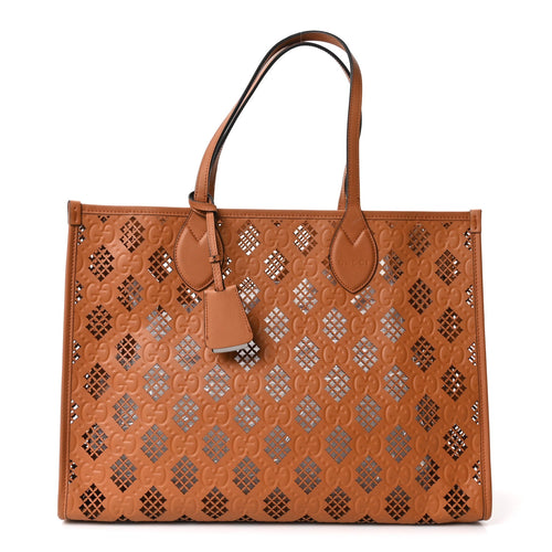 Calfskin GG Monogram Diamond Cut Medium Ophidia Tote Bag Brown