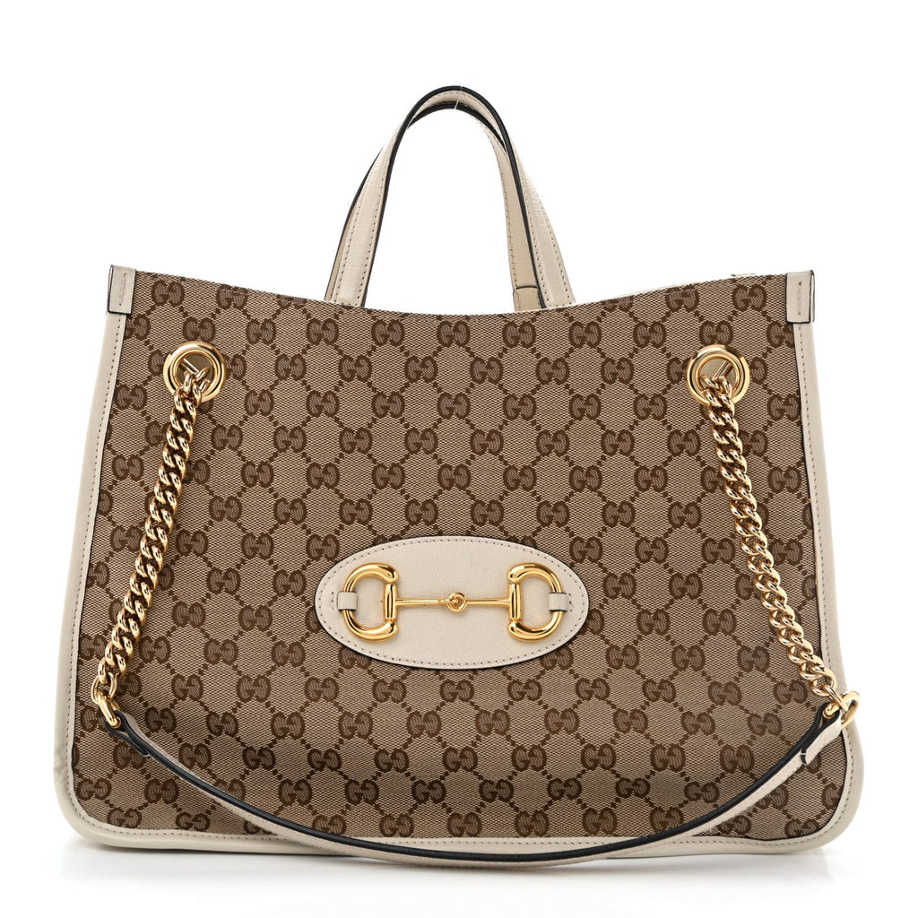 Monogram Calfskin Medium Horsebit 1955 Tote Bag Beige Mystic White