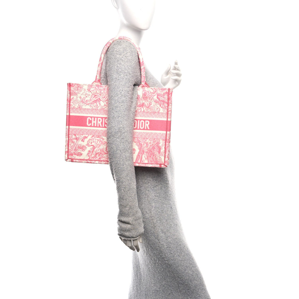 Canvas Embroidered Medium Dioriviera Toile De Jouy Book Tote Peony Pink