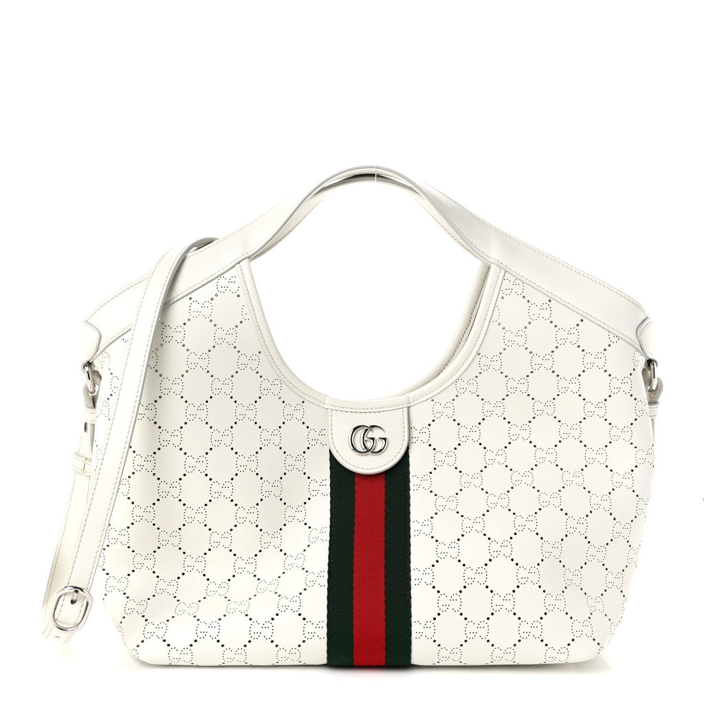 Calfskin Perforated GG Web Small Giglio Tote White