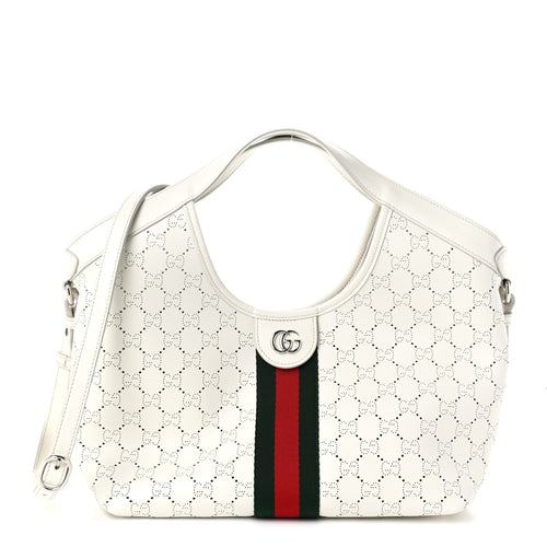 Calfskin Perforated GG Web Small Giglio Tote White
