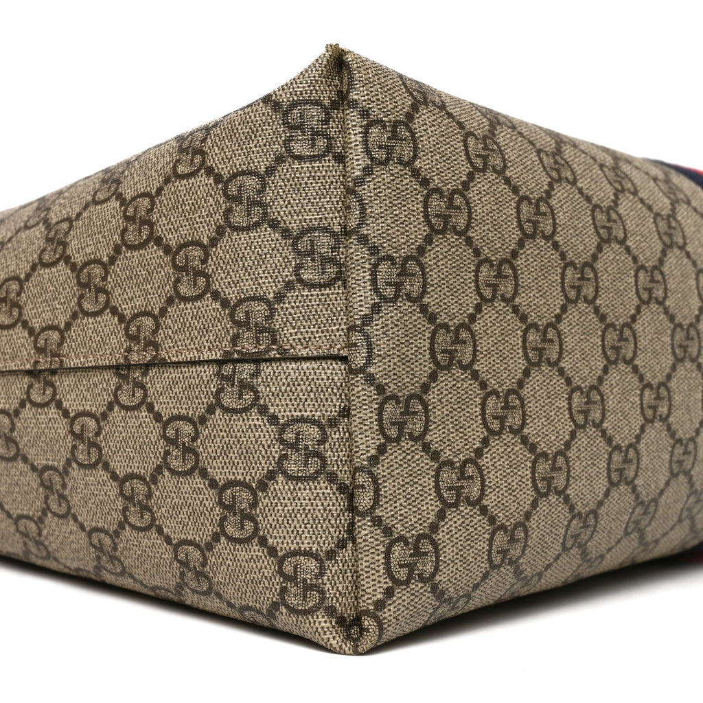 GG Supreme Monogram Textured Dollar Calfskin Web Medium Ophidia Shopping Tote Beige Ebony Mystic White