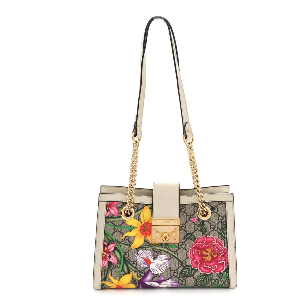 GG Supreme Monogram Flora Textured Calfskin Small Padlock Tote Beige Ebony Multicolor Mystic White