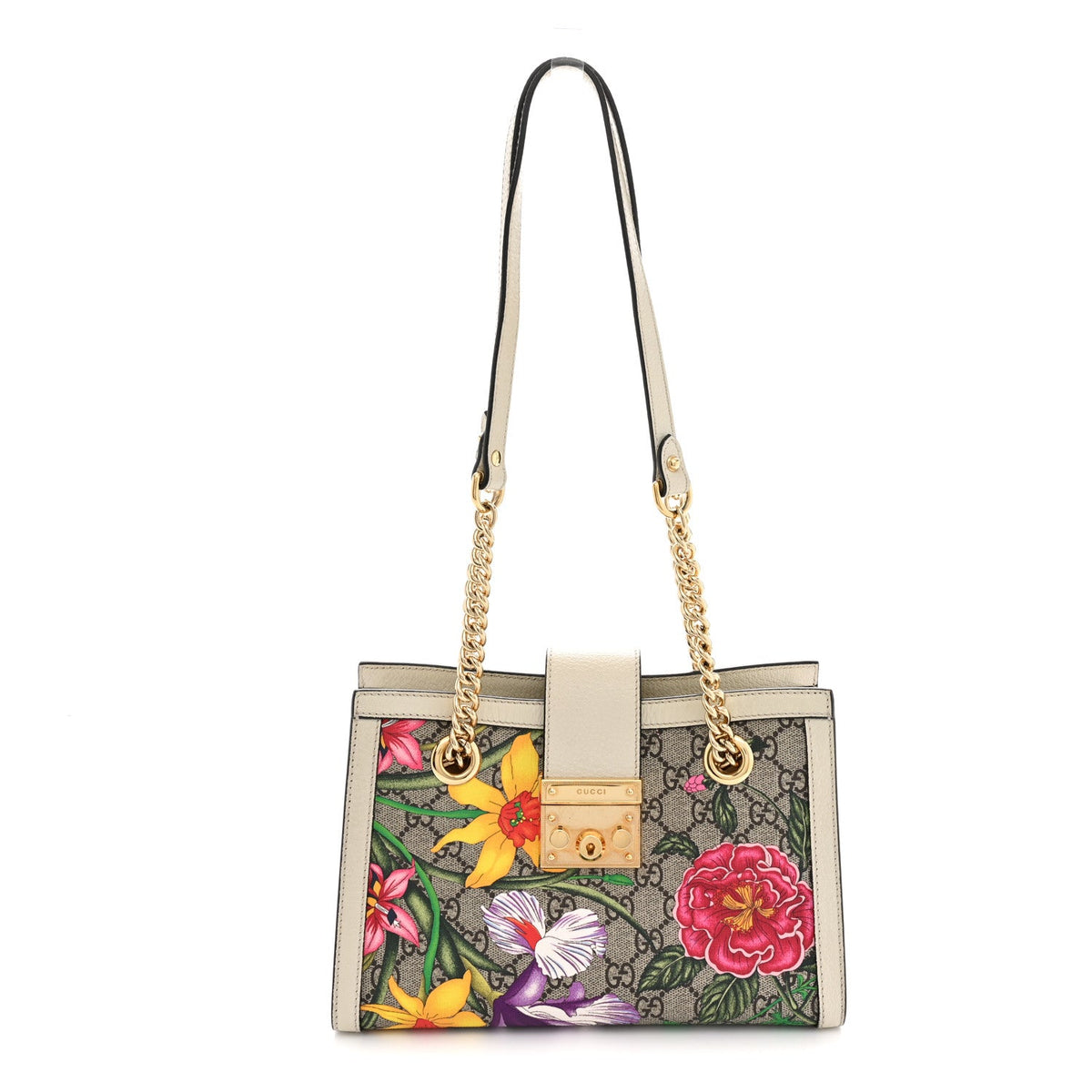 GG Supreme Monogram Flora Textured Calfskin Small Padlock Tote Beige Ebony Multicolor Mystic White
