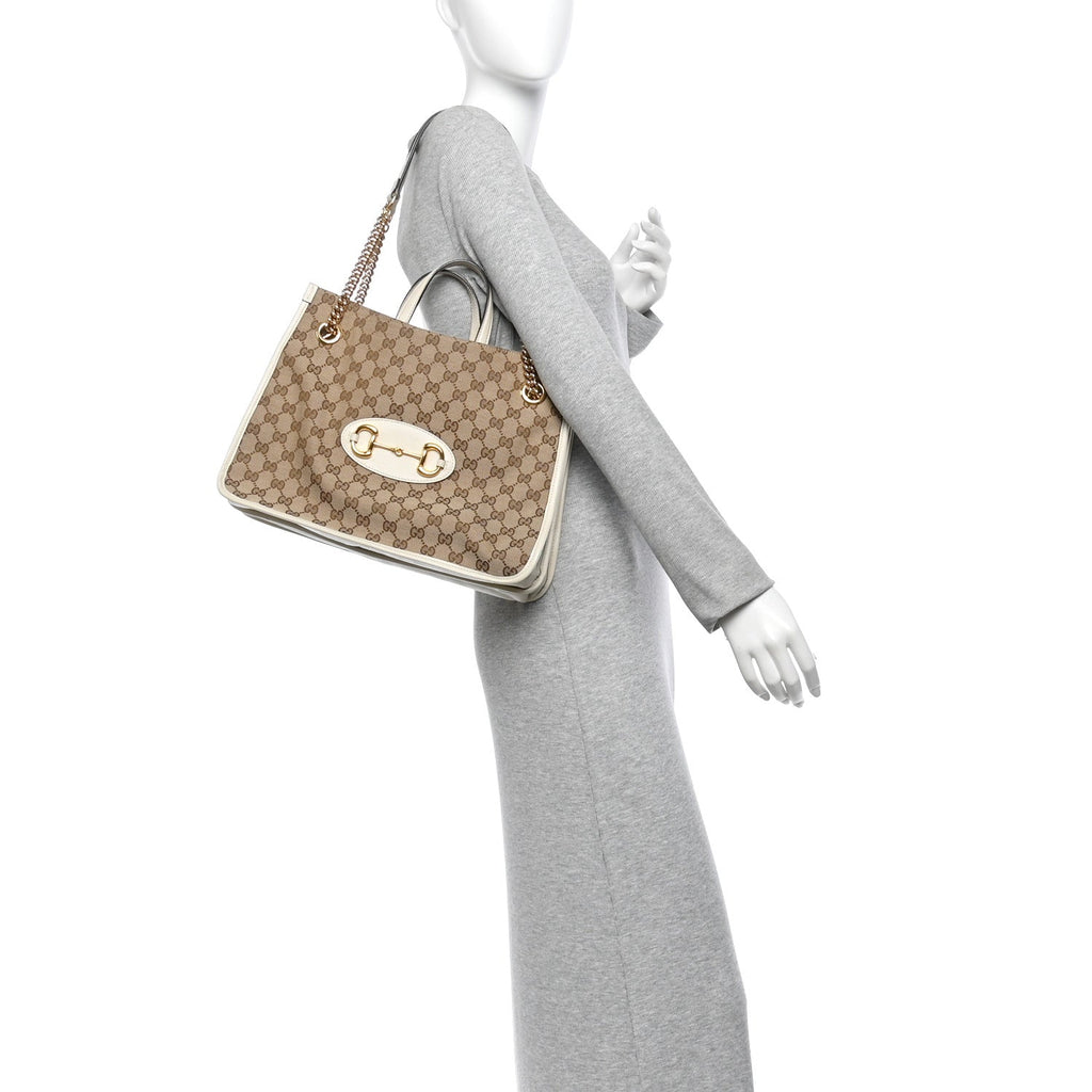 Monogram Calfskin Medium Horsebit 1955 Tote Bag Beige Mystic White