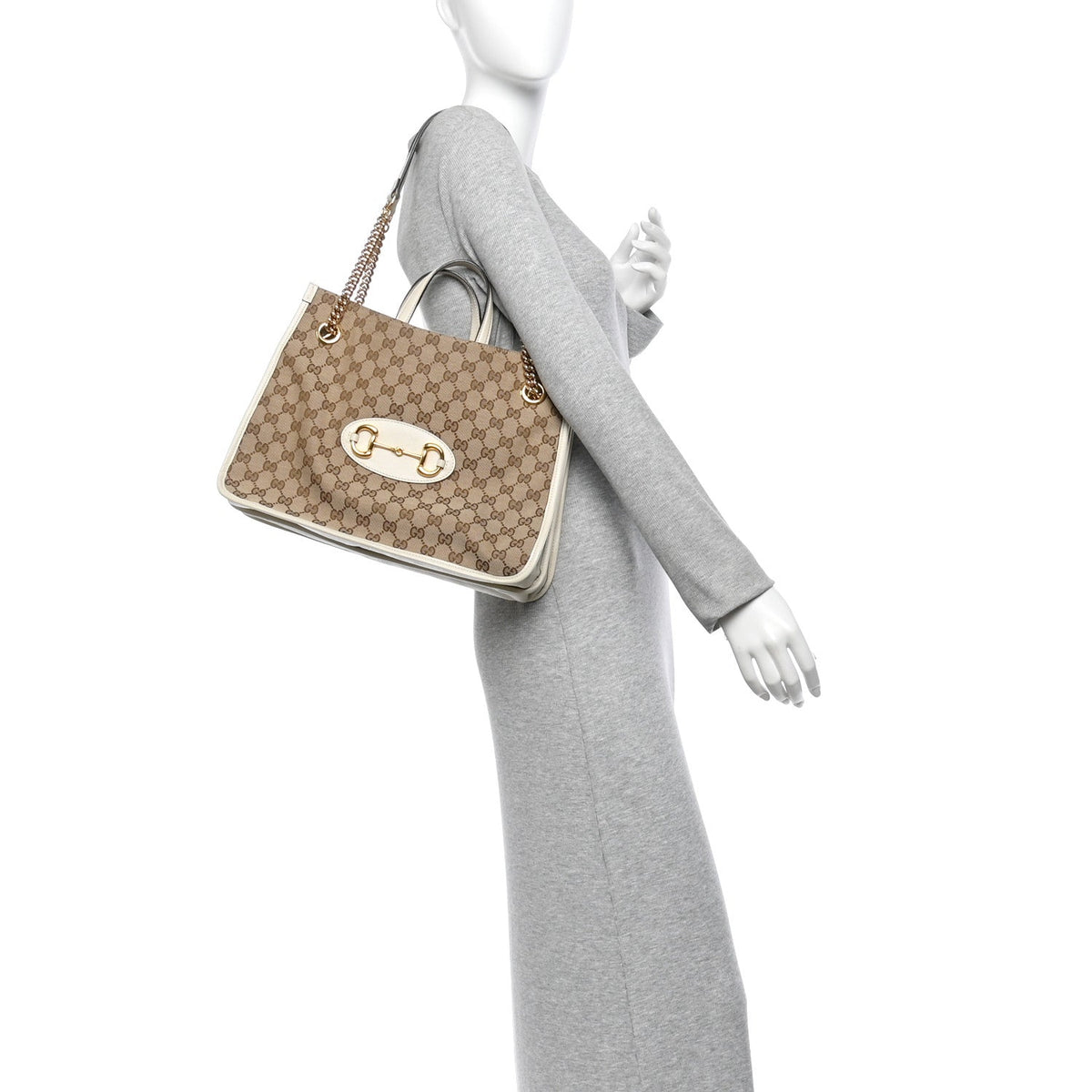 Monogram Calfskin Medium Horsebit 1955 Tote Bag Beige Mystic White