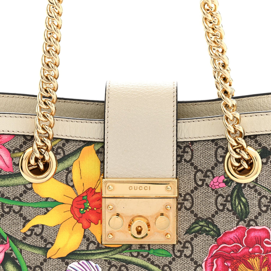 GG Supreme Monogram Flora Textured Calfskin Small Padlock Tote Beige Ebony Multicolor Mystic White