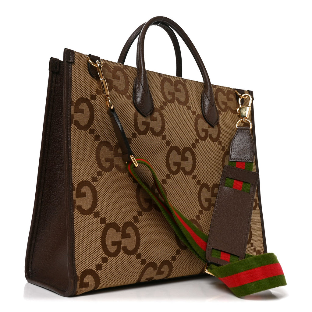 Monogram Jumbo GG Textured Dollar Calfskin Web Small Tote Bag Camel Ebony New Acero